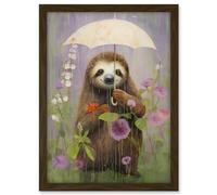 Artery8 Picking Flowers in the Rain Oil Painting Cute Sloth with an Umbrella in a Wildflower Meadow Kids Bedroom Artwork Framed A3 Wall Art Print
