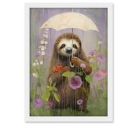 Artery8 Picking Flowers in the Rain Oil Painting Cute Sloth with an Umbrella in a Wildflower Meadow Kids Bedroom Artwork Framed A3 Wall Art Print