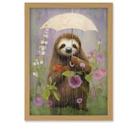 Artery8 Picking Flowers in the Rain Oil Painting Cute Sloth with an Umbrella in a Wildflower Meadow Kids Bedroom Artwork Framed Wall Art Print A4