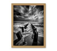 Artery8 Pier Ruins Black and White Dramatic Coastal Photo Artwork Framed Wall Art Print 18X24 Inch