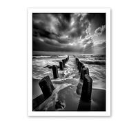 Artery8 Pier Ruins Black and White Dramatic Coastal Photo Artwork Framed Wall Art Print 18X24 Inch