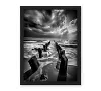 Artery8 Pier Ruins Black and White Dramatic Coastal Photo Artwork Framed Wall Art Print 18X24 Inch