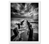 Artery8 Pier Ruins Black and White Dramatic Coastal Photo Artwork Framed Wall Art Print A4