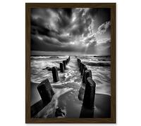 Artery8 Pier Ruins Black and White Dramatic Coastal Photo Artwork Framed Wall Art Print A4