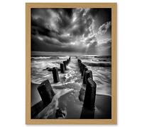 Artery8 Pier Ruins Black and White Dramatic Coastal Photo Artwork Framed Wall Art Print A4