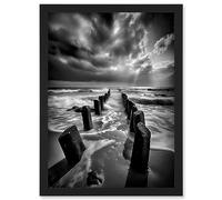 Artery8 Pier Ruins Black and White Dramatic Coastal Photo Artwork Framed Wall Art Print A4