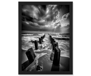 Artery8 Pier Ruins Black and White Dramatic Coastal Photo Artwork Framed Wall Art Print A4