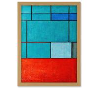 Artery8 Piet Mondrian Style Teal Red Abstract Harmony Artwork Framed Wall Art Print A4 in Light Oak Artery8 Light Oak