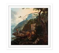 Artery8 Pijnacker Boatmen Moored On Shore Of Italian Lake Square Wooden Framed Wall Art Print Picture 16X16 Inch