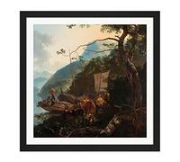 Artery8 Pijnacker Boatmen Moored On Shore Of Italian Lake Square Wooden Framed Wall Art Print Picture 16X16 Inch