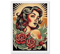 Artery8 Pin Up Girl Roses Retro Tattoo Ink Body Art Rockabilly Americana 50s Artwork Framed A3 Wall Art Print