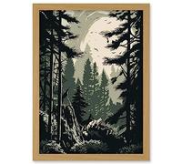 Artery8 Pine Tree Forest Sunrise Landscape Illustration Artwork Framed Wall Art Print A4