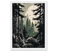 Artery8 Pine Tree Forest Sunrise Landscape Illustration Artwork Framed Wall Art Print A4