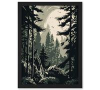 Artery8 Pine Tree Forest Sunrise Landscape Illustration Artwork Framed Wall Art Print A4