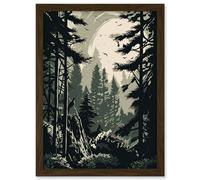 Artery8 Pine Tree Forest Sunrise Landscape Illustration Artwork Framed Wall Art Print A4