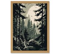 Artery8 Pine Tree Forest Sunrise Landscape Illustration Artwork Framed Wall Art Print A4 in Light Oak Artery8 Light Oak