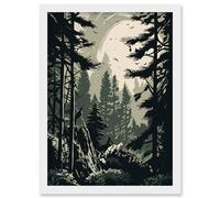 Artery8 Pine Tree Forest Sunrise Landscape Illustration Artwork Framed Wall Art Print A4 in White Artery8 White