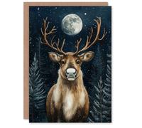Artery8 Pine Tree Reindeer Winter Moon Snow Blank For Him Or Her Art Xmas Festive Christmas Card