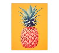 Artery8 Pineapple Bold Vibrant Rich Red And Blue On Yellow Screen Print Risograph Artwork Spot Block Colour Retro Riso Kitchen Interior Design Large Wall Art Poster Print Thick Paper 18X24 Inch
