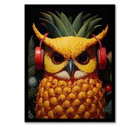 Artery8 Pineapple Owl Bold Vibrant Rich Red Gold & Green Artwork Kitchen Retro Interior Design Art Print Framed Poster Wall Decor | Size: W12" x H16" Artery8 Black W12" x H16"