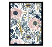 Pink Blue Aster Wildflowers Bright Floral Design Framed Art Print Artery8 Blue A4