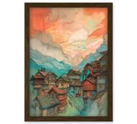 Pink Dawn Atmospheric Clouds Over Small Mountain Village in the Alps Modern Watercolour Painting Artwork Framed Wall Art Print A4 Artery8 Brown One Size