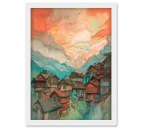 Pink Dawn Atmospheric Clouds Over Small Mountain Village in the Alps Modern Watercolour Painting Artwork Framed Wall Art Print A4 Artery8 White One Size