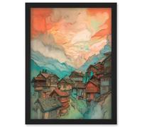 Pink Dawn Atmospheric Clouds Over Small Mountain Village in the Alps Modern Watercolour Painting Artwork Framed Wall Art Print A4 Artery8 Black One Size