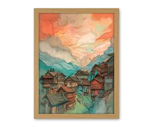 Artery8 Pink Dawn Atmospheric Clouds Over Small Mountain Village in the Alps Modern Watercolour Painting Artwork Framed Wall Art Print 18X24 Inch