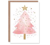 Artery8 Pink Decorated Tree Gold Star Watercolour For Child Kids Christmas Card