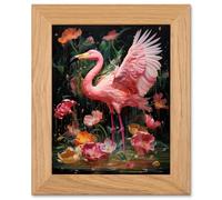 Artery8 Pink Flamingo in Rain - Flamboyant & Vibrant Art - Oak Wood Framed Print