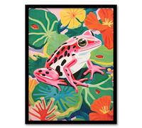 Artery8 Pink Frog on Lily Pads Vibrant Oil Painting Pond with Amphibian and Blooming Flowers Artwork Framed Wall Art Print 18X24 Inch