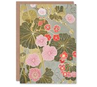 Artery8 Pink Geranium Flowers Artwork Pastel Foliage Birthday Art Card in Green Artery8 Green