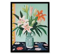 Artery8 Pink Lilies in a Green Vase Colourful Oil Painting Springtime Flowers Floral Still Life Artwork Framed Wall Art Print 18X24 Inch