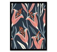 Artery8 Pink Lily Flower Pattern Stylised Floral Design Living Room Artwork Framed Wall Art Print 18X24 Inch