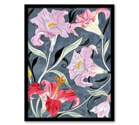 Artery8 Pink Lily Flowers Stylised Detailed Floral Living Room Artwork Framed Wall Art Print A4