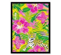 Wall Art Print Pink Lily Tropical Flower Pattern with Leopard Art Framed Poster Artery8 Black A4