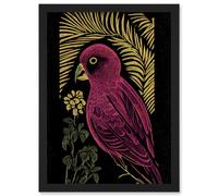 Wee Blue Coo Pink Parrot Bird Black Gold Tropical Plants Modern Vintage Linocut Illustration Artwork Framed Wall Art Print A4