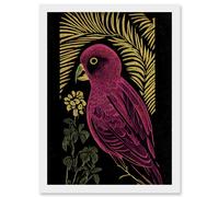 Wee Blue Coo Pink Parrot Bird Black Gold Tropical Plants Modern Vintage Linocut Illustration Artwork Framed Wall Art Print A4