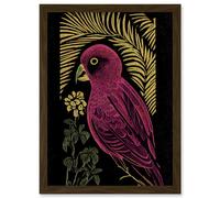 Wee Blue Coo Pink Parrot Bird Black Gold Tropical Plants Modern Vintage Linocut Illustration Artwork Framed Wall Art Print A4