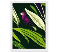 Artery8 Pink Parrot & Tropical Plant Leaves Vintage Linocut Pattern Detail Artwork Framed Wall Art Print A4 in White Artery8 White