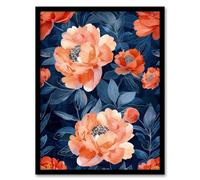 Artery8 Pink Peonies Flower Pattern Blue Floral Design For Living Room Artwork Framed Wall Art Print A4