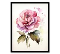 Artery8 Pink Rose Bloom Simple Watercolour Painting Single Flower Valentines Love Nature Colourful Bright Floral Modern Artwork Artwork Framed Wall Art Print 18X24 Inch