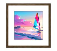 Artery8 Pink Skies Seascape Windsurfer Windsurfing Bright Vibrant Watercolour Sport Square Wooden Framed Wall Art Print Picture 8X8 Inch in Brown Artery8 Brown