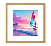 Artery8 Pink Skies Seascape Windsurfer Windsurfing Bright Vibrant Watercolour Sport Square Wooden Framed Wall Art Print Picture 8X8 Inch in Light Oak Artery8 Light Oak