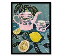 Artery8 Pink Teapot Teacup Lemons Painting Herbal Quirky Framed Art Print in Blue | Size: A4 Artery8 Blue A4