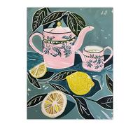 Artery8 Pink Teapot Teacup Lemons Painting Herbal Quirky Kitchen Extra Large XL Wall Art Poster Print