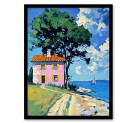 Artery8 Pink Village Cottage Coastal Greece Landscape Framed Art Print in Blue | Size: A4 Artery8 Blue A4