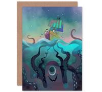 Artery8 Pirate Ship Octopus Greetings Card in Blue Artery8 Blue