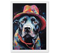 Artery8 Pit Bull Terrier Dog Red Cowboy Hat Portrait Artwork Framed A3 Wall Art Print